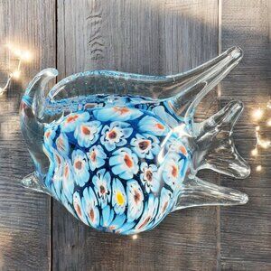 Vintage Venetian Glass Fish Figurine Paperweight With Heavy Millefiori Glass VTG